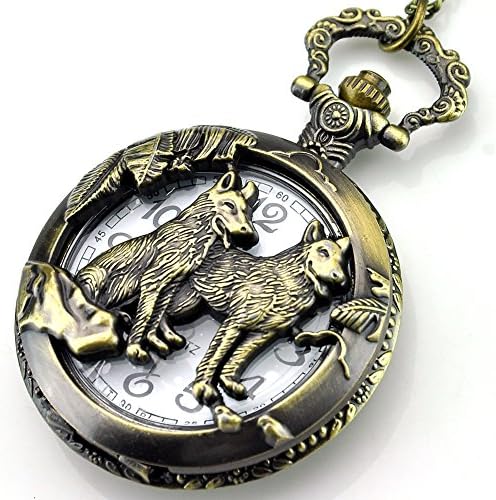 Deedo Men's Antique Bronze Tone Pendant Half Hunter Modern Quartz Pocket Watch Necklace with Gift Box (Wolf)