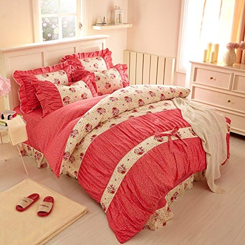 YOYOMALL Princess Beautiful Flower Bedding Set, Rustic Ruffle Bedding Set,4Pcs Bedroom Set (6.6ft, 1)