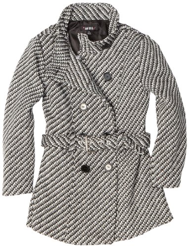 Amy Byer Girls 7-16 Tweed Funnel Neck Double Button Coat With Belt, Black, X-Large