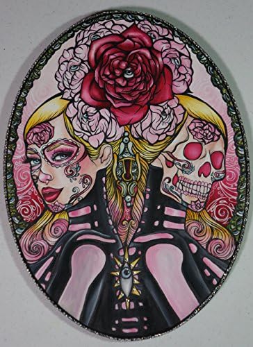 Original Day Of The Dead Woman And Sugar Skull Oil Painting Tattoo Art with Swarovski Crystals 12x16