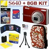 Nikon Coolpix S640 12.2MP Digital Camera (Velour Red) + 8GB Accessory Kit