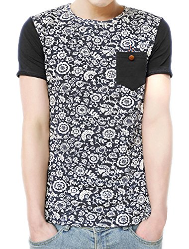 uxcell Men Crew Neck Chest Pocket Floral Prints Short Sleeves T-Shirt