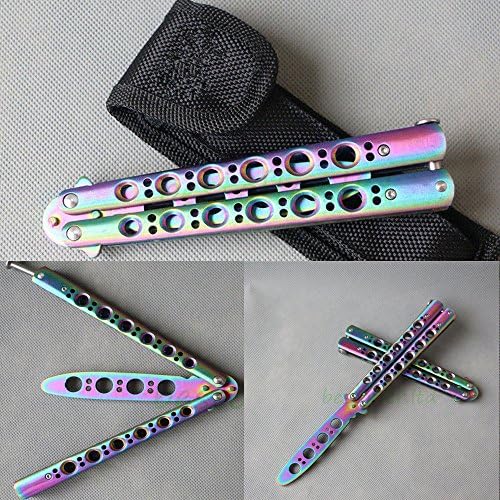 Colorful Rainbow Practice Knife METAL BUTTERFLY Steel Trainer Training Knife Sports Dull Tool with Sheath