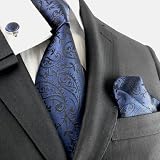 Landisun 324 Navy Blue Paisleys Mens Silk Tie Set: Tie+Hanky+Cufflinks Exclusive