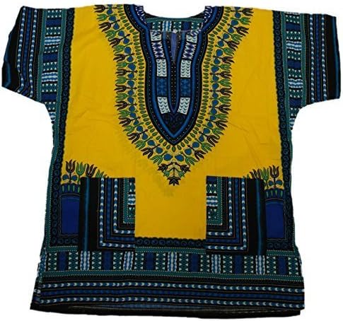 Villas Thailand Traditional Print Unisex Dashiki Top Shirt Yellow-Blue by VillaMarket