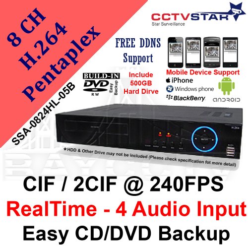 CCTVSTAR iSync SSA-0824HL-05B 8CH H.264 Pentaplex CIF / 2CIF 240 FPS Real Time Standalone DVR w/ Build-In 500GB HDD and DVD-RW
