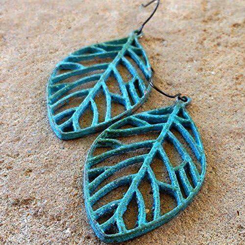 Skeleton Leaf verdigris patina earrings
