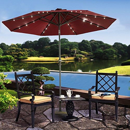 UBOYS Living Outdoor Patio Garden Deck Umbrella with solar powered LED Light 10ft, wine red