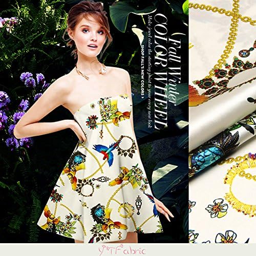 Stretch Silk Satin Fabric with Parrot Print Pattern, Fashion Bird Print Silk Fabric By the Yard