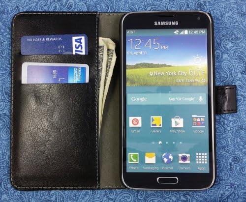 High Quality Vintage Vegan Leather Folio Wallet Case with Magnetic Enclosure and Kickstand for Samsung Galaxy S 5 SM-G900A / SM-G900T / SM-G900V / SM-G900P / SM-G900F / SM-G900I / SM-G900K / G900L / G900S / SM-G900M / SM-G900R4 - Black