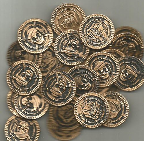 25 LARGE PLASTIC PIRATE COINS PLUS 12 PIRATE EYE PATCHES FOR KIDS...LOOT,,TREASURE IN A COLORFUL TROPICAL FOREST BAG