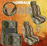 - 11pc Safari Tan Leopard Print Car Floor Mats, Low Back Seat Covers, Steering Wheel Cover & Shoulder Pad Set