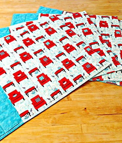 Set of 4 Quilted Blue and Red Placemats