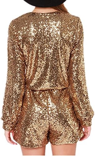 Amo Moda Womens Deep V Neck Sequins Romper Dance Clothes Loose Jumpsuits Rompers S Gold