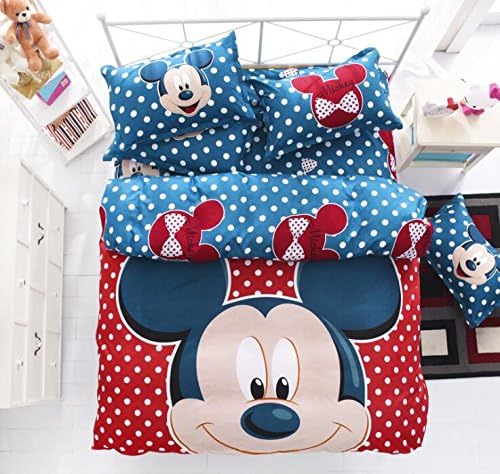 Soft Cartoon Printing 4pc Duvet Cover Set Disney Mickey Minnie Bed Sheet Polyester Bedding Set Comforter Cover+flat Sheet+pillowcase (Blue and Red)