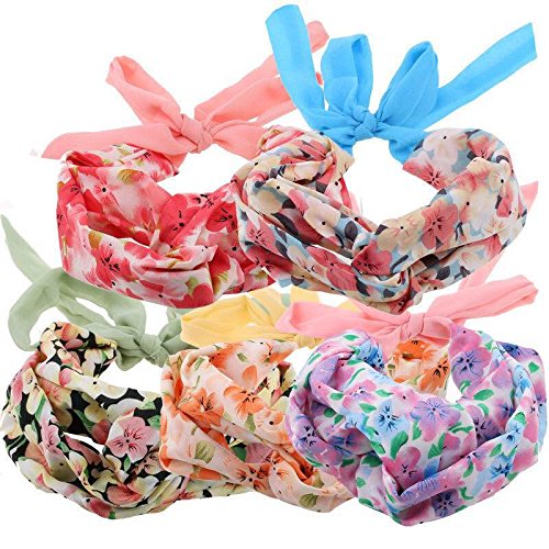 Flower Printed Pattern Soft Twist Tie Chiffon Headbands by Acorn Days, Pack of 5, for Girls and Women