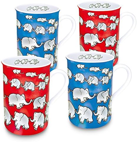 Konitz Blue, Red, White Porcelain Waechtersbach Chain of Elephants Mug (Set of 4)