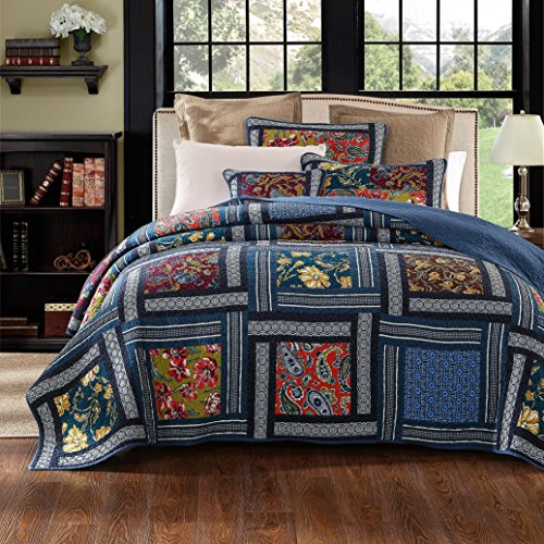 DaDa Bedding Bohemian Midnight Ocean Blue Sea Reversible Real Patchwork Quilted Bedspread Set - Dark Navy Floral Multi-Color Print - King - 3-Pieces