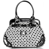 Black and White Chic Dottie Line Medium Bowler Satchel Hobo Shoulder Bag Handbag Purse