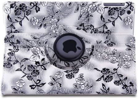 iBerry(TM) 360 Degree Rotating Stand (Black&Wihte embossed flowers) Luxury Leather Case Cover Holster for iPad Air iPad 2 3 4 with Smart Cover Wake/Sleep Function