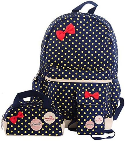 NIGHT Polka Dot 3pcs Kids Book Bag School Backpack Handbag Purse Girls Teen (Navy Blue)