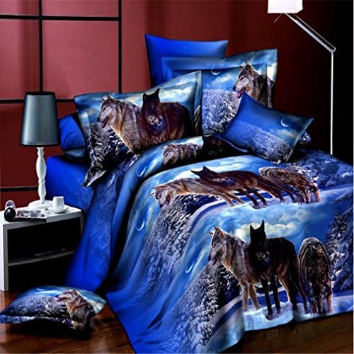 Jojoplaza 3D Print The Wolves in The Moonlight 4pcs Cotton Material Animal Bedding Sets Queen Size For Family