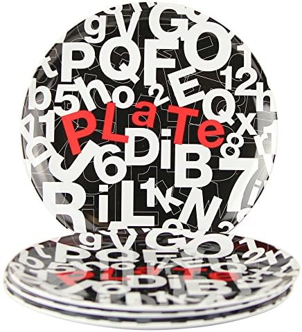 8" Melamine Plate Black & White Letters (set of 6)