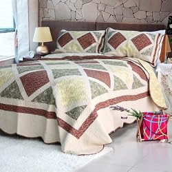[Cerelia] 100% Cotton 3PC Floral Vermicelli-Quilted Patchwork Quilt Set (Full/Queen Size)