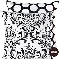 Ice Cream Sandwich Collection - Decorative 18' Square Throw Pillow Cover - Damask and Polka Dots - White and Black Hues - 1 Cover, 2 Looks