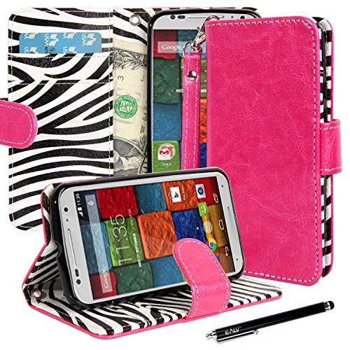 Moto X Case, E LV CASE COVER for All New Motorola Moto X (2nd Gen.) Phone 2014 Release, Premium Hybrid Flip PU Leather Case Cover for Motorola Moto X (2nd Gen.) with 1 Stylus - ZEBRA HOT PINK