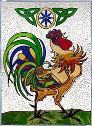 CELTIC Irish ROOSTER Knotwork Painted Gel-Back Glass Suncatcher 10.25x14 Window