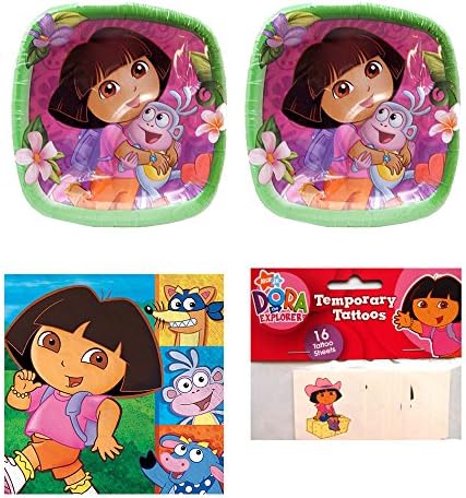 08 Dora The Explorer Birthday Party supplies Pack, 16 guests, plates, napkins and tattoos