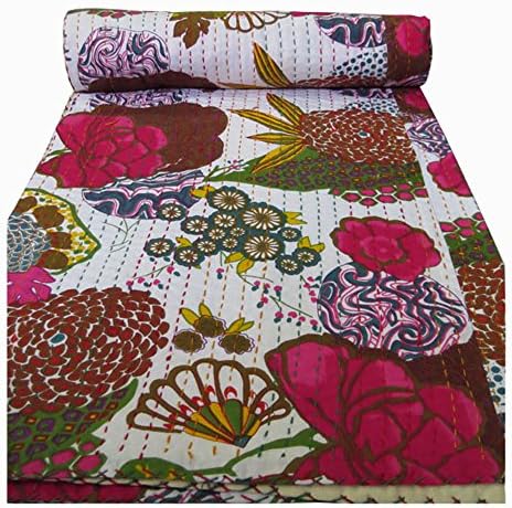Handicraftshop Cotton Indian Kantha Quilted Bedspreads 90x108 IN White
