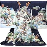 お宮参り 着物 男の子（初着 産着 のしめ）【絹100% 友禅】濃紺地系 かぶとに吉祥柄【風呂敷プレゼント包装付き / 熨斗対応】男児 祝着 正絹