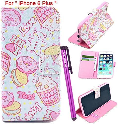 BeeShine Retail Package Card Holder PU Leather Flip Stand " iPhone 6 Plus " Wallet Case Flap Pouch Cover Skin for Apple iPhone 6 Plus (5.5 inch) + Screen Protector & Touch Stylus Pen (Pink Cakes Pie Love Pattern)