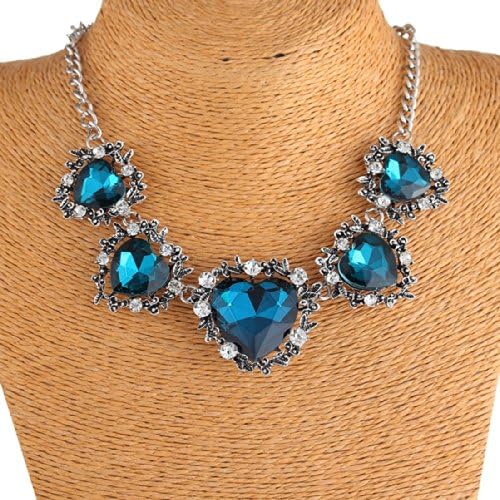 Ocean Royal Blue Heart Crystal Rhinestone Bib Statement Chain Collar Necklace