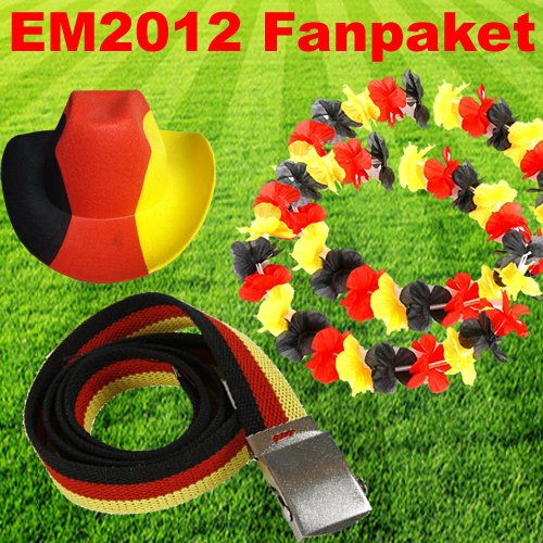EM-Fanartikel-Paket bestehend aus 2 x Hawaiiketten, 1 x Cowboyhut und 1 x Gürtel, darf auf keiner EM Fanparty fehlen!