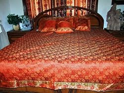 Silk Bedding-7p Orangered Floral Sari India Bedding Bedspread Duvet King/ Queen.