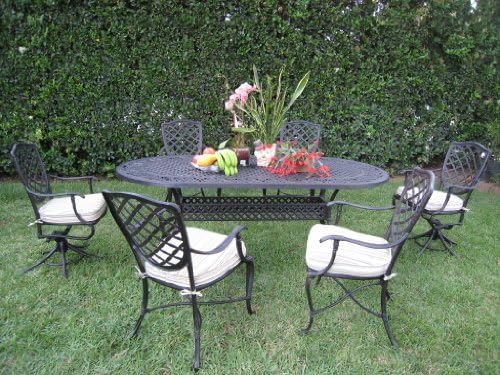 Outdoor Cast Aluminum Patio Furniture 7 Piece Dining Set B with 2 Swivel Chairs W CBM1290