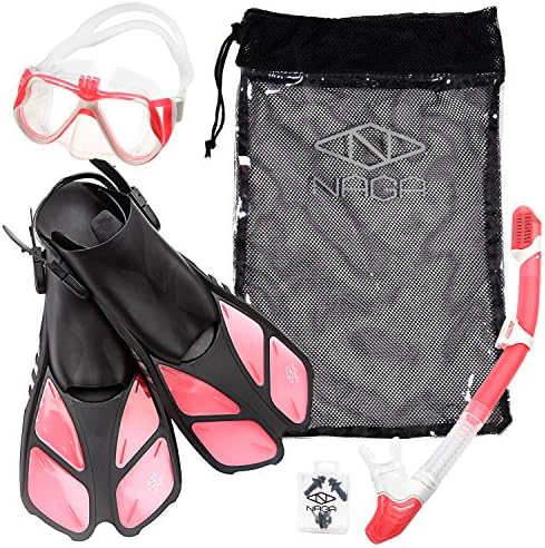 Naga Sports Adult Snorkel Set with Dry Top Snorkel, Single Lens Mask, Trek Fins, Mesh Bag - S/M Pink
