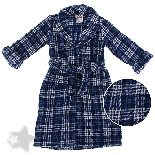 Navy and White Plaid Plush Bath Robe for Boys
