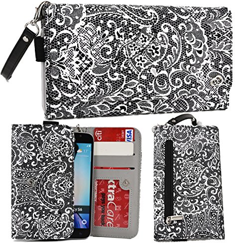 NuVur â„¢ Lace Print Fabric Universal Wallet Wristlet Clutch ::Smart Phone:: Case Fits Huawei Ascend D2-6070 TD-LTE, G740, G610s, Honor 3C, Honor 3C 4G|Black