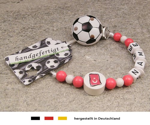 Baby SCHNULLERKETTE mit NAMEN | Motiv Fussball Türkei Flagge – rot, weiß