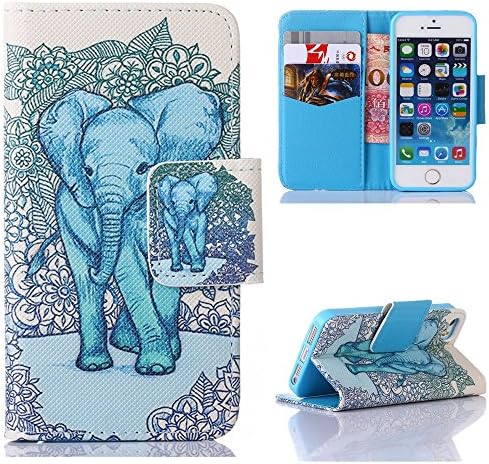 iPhone 5S/SE Case, SAUS [Full-Protection] Unique Pattern Print Dual-Use Premium PU leather Flip Fold Wallet Case Cover with Build in Card slots &amp; Stand For iPhone 5/5s/iPhone SE(2016) (Elephant)