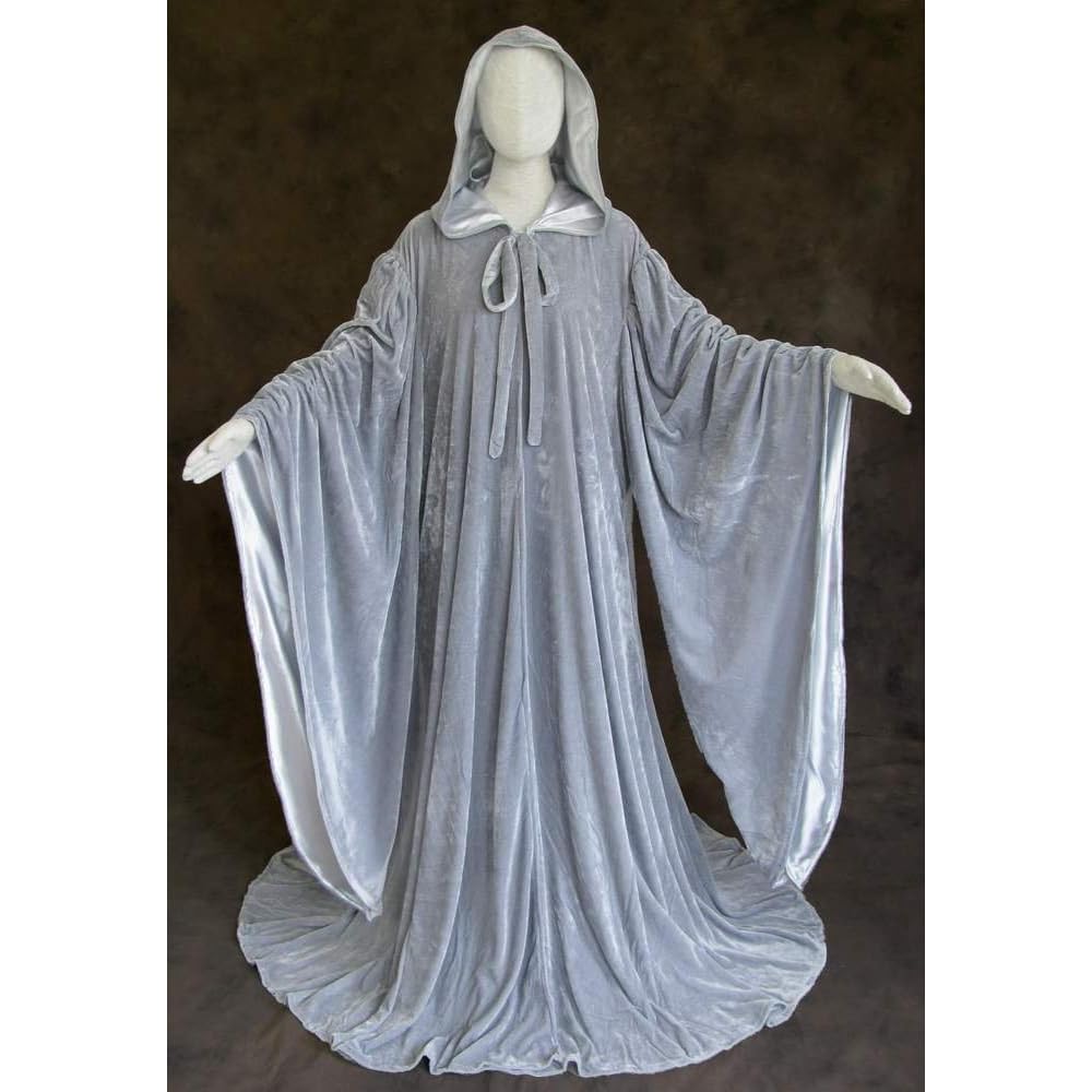 Grey Velvet Wizard Robe Costume with Lined Hood and Bell Sleeves