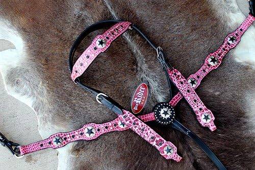 Horse Western Riding Leather Bridle Headstall Breast Collar Tack Pink 7632