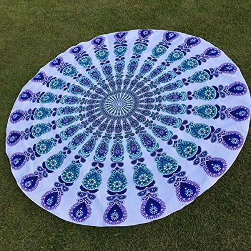 Lovehos White Indian Feather Mandala Round Roundie Beach Throw Tapestry Hippy Boho Gypsy Tablecloth Beach Towel (blue)