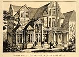 1877 Antique Print Conservatory Queen Anne Architecture - Original Print