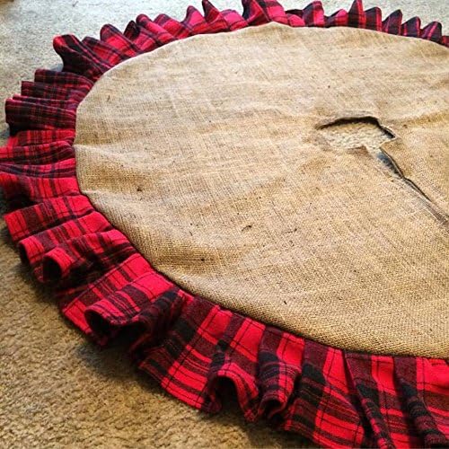 Natural Burlap Tree Skirt With Plaid Ruffle