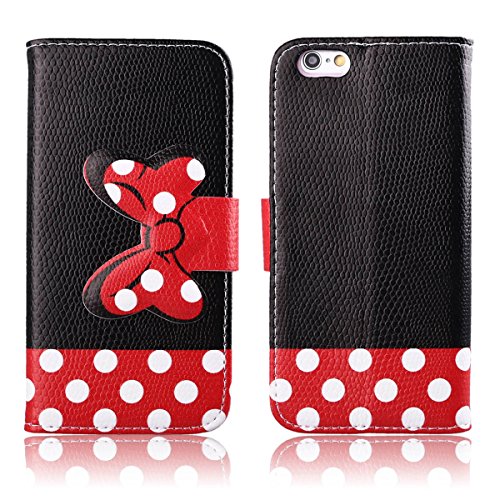 Yakamoz Lovely Cute Black Red Bow Bowkot Polka Dot Leather Flip Wallet Stand Case with Card Slots for Apple Iphone 6 4.7 Inch with Free Screen Protector & Stylus Pen